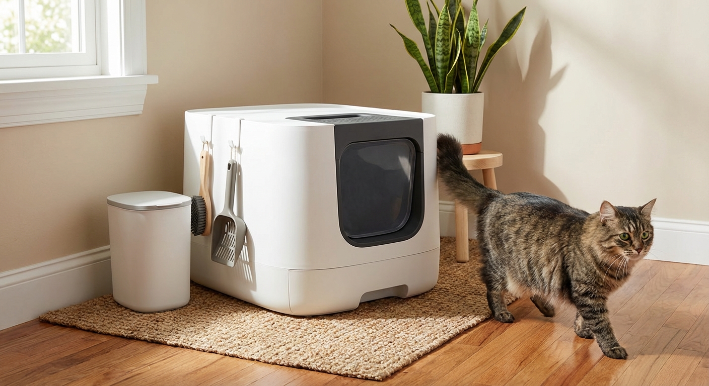 A tidy litter box area in a quiet corner of a home with a cat walking away after using it