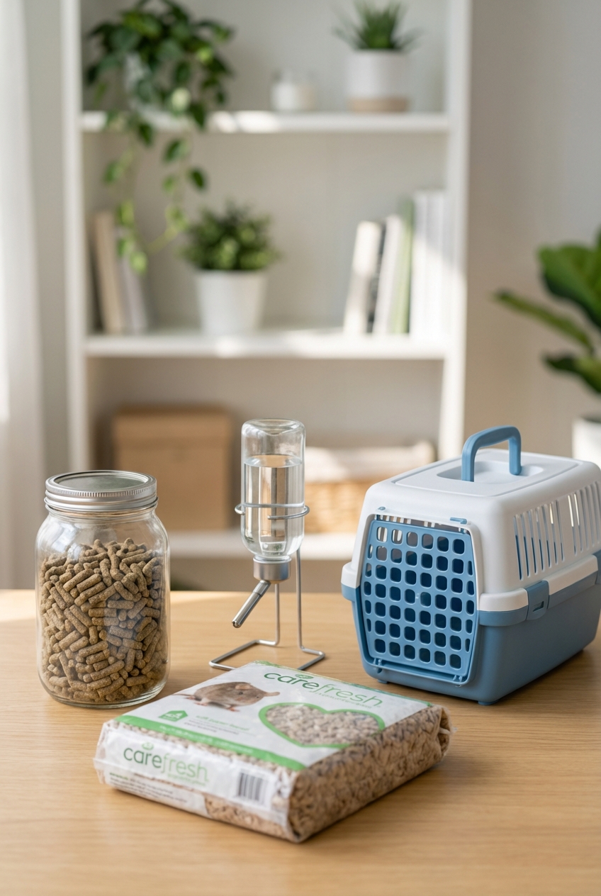 A tidy tabletop with rat care supplies including pellets, bedding, a water bottle, and a small pet carrier