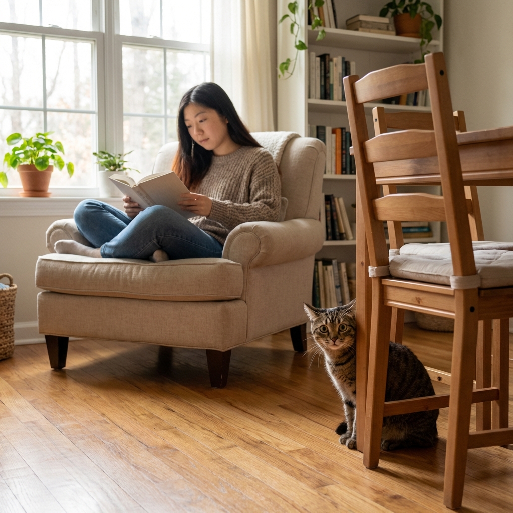 A timid cat peeking from behind a chair while a person sits quietly several feet away with relaxed posture
