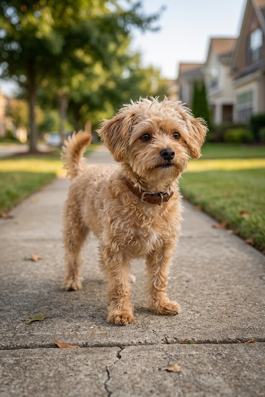 A tiny Chihuahua Poodle mix standing on a sidewalk during a calm neighborhood walk, wearing a simple collar, shallow depth of field, photorealistic