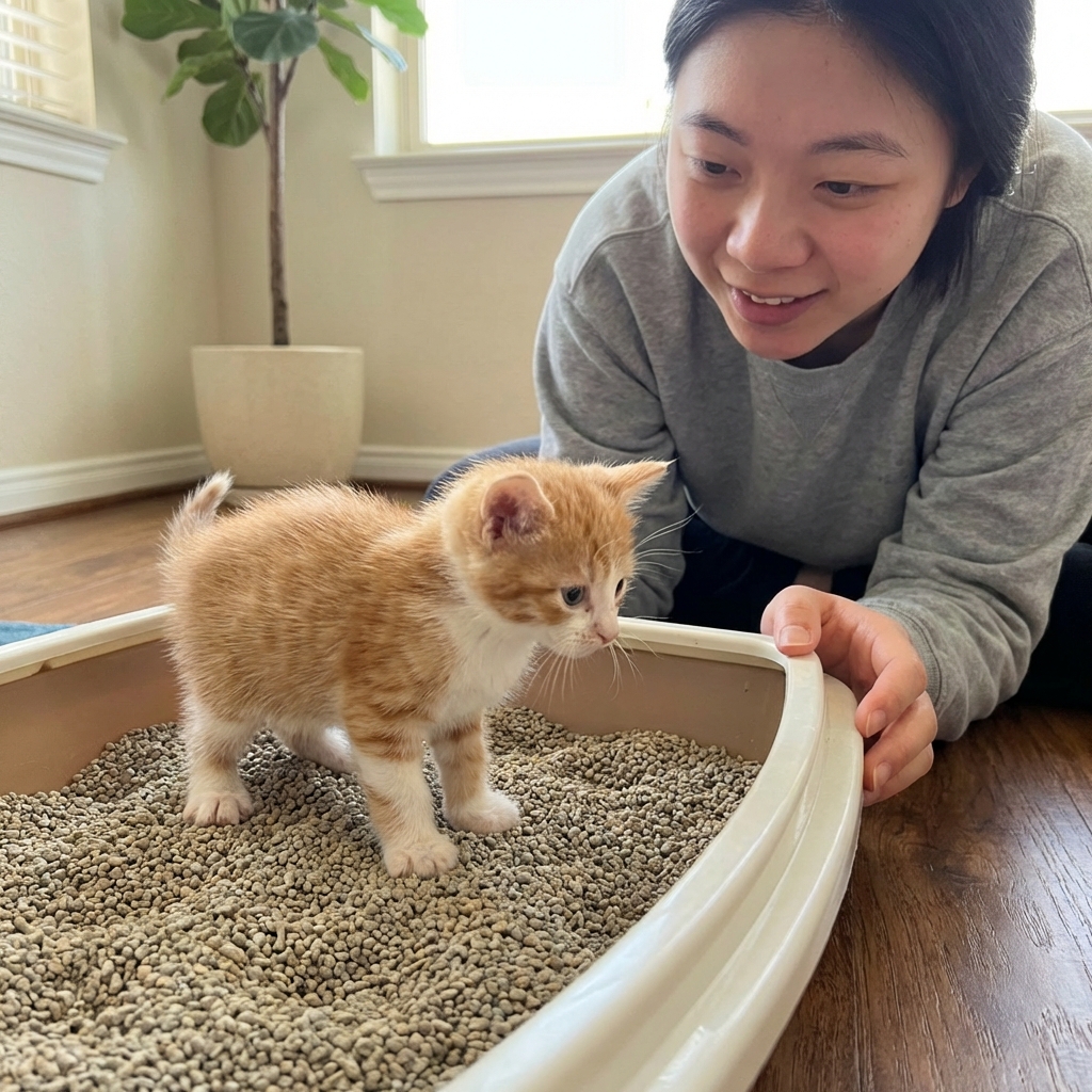 A tiny kitten standing in a shallow litter tray with non-clumping litter while a caregiver watches nearby