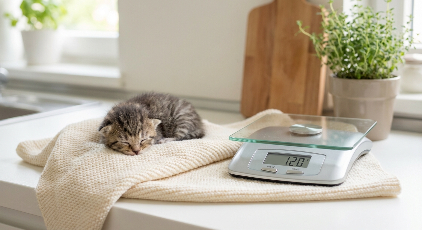 A tiny newborn kitten resting on a soft blanket next to a small digital kitchen scale