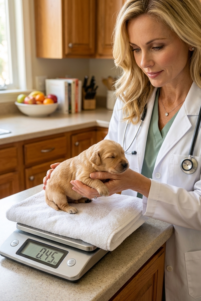 A tiny newborn puppy being gently weighed on a digital kitchen scale lined with a clean towel, real-life photography style