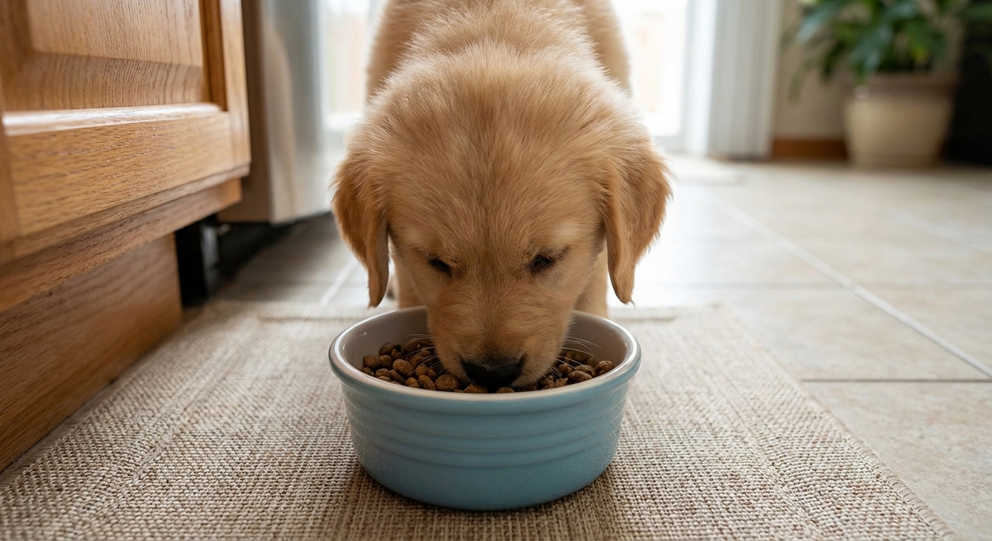 A tiny puppy eating from a small ceramic bowl on a clean kitchen mat, close-up real photograph