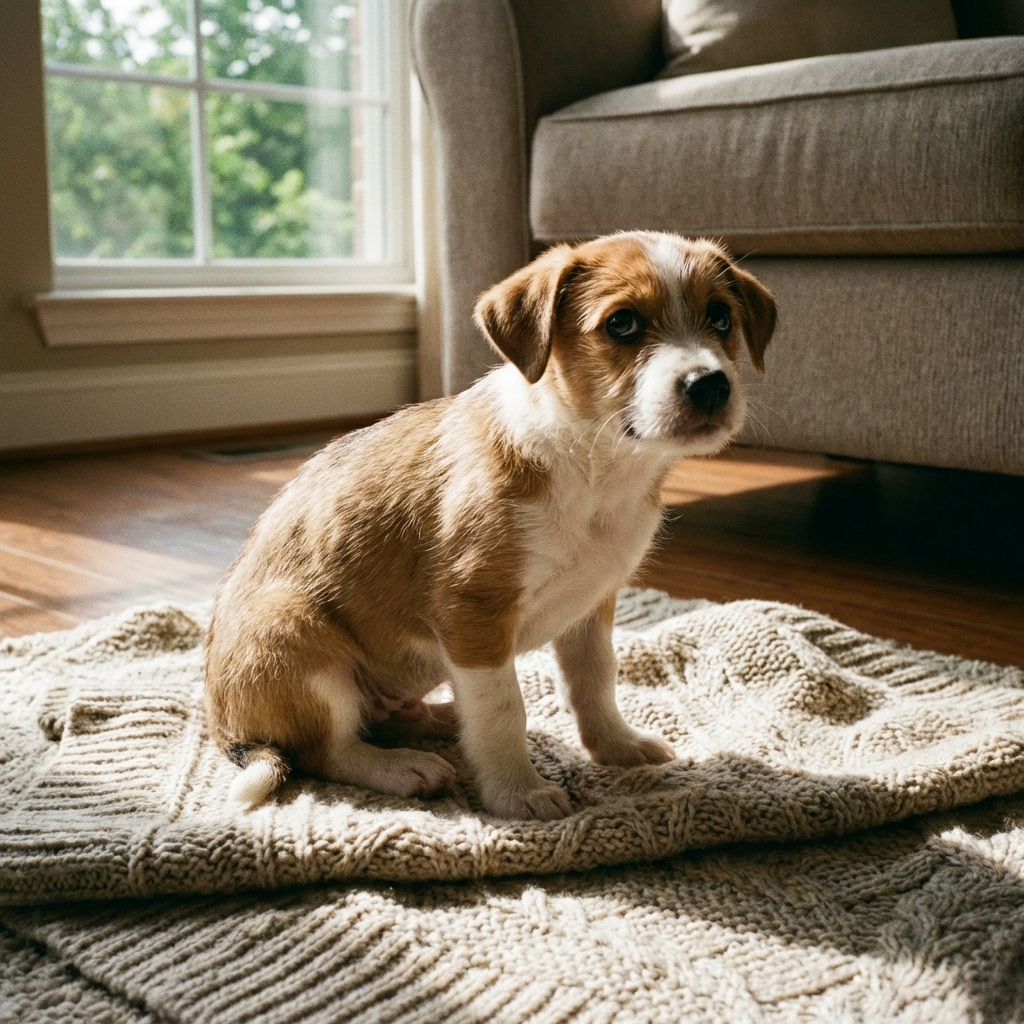 A tiny puppy sitting on a blanket in a living room with a slightly hunched posture and visible trembling, natural window light, candid photo