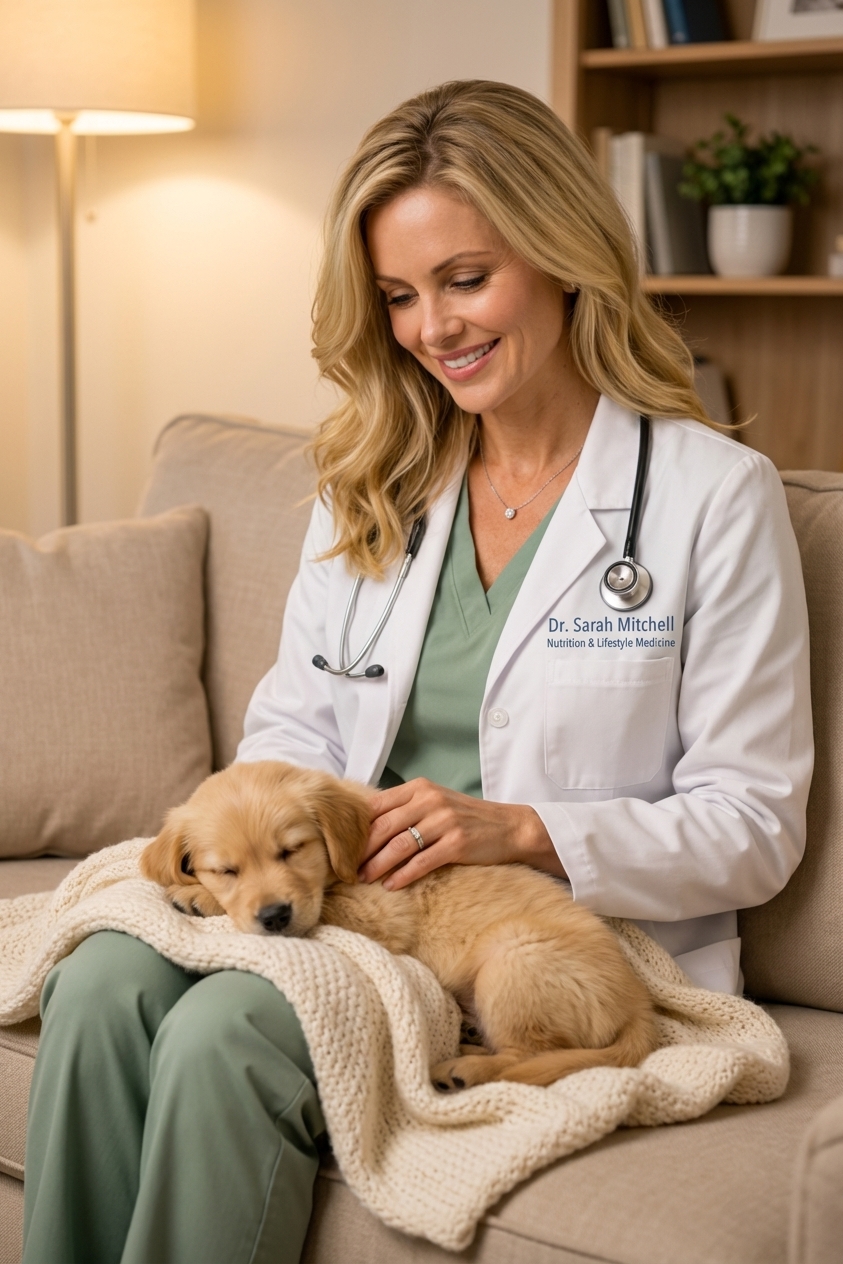 A tiny puppy sleeping peacefully wrapped in a soft blanket on a couch, warm indoor lighting, real photograph