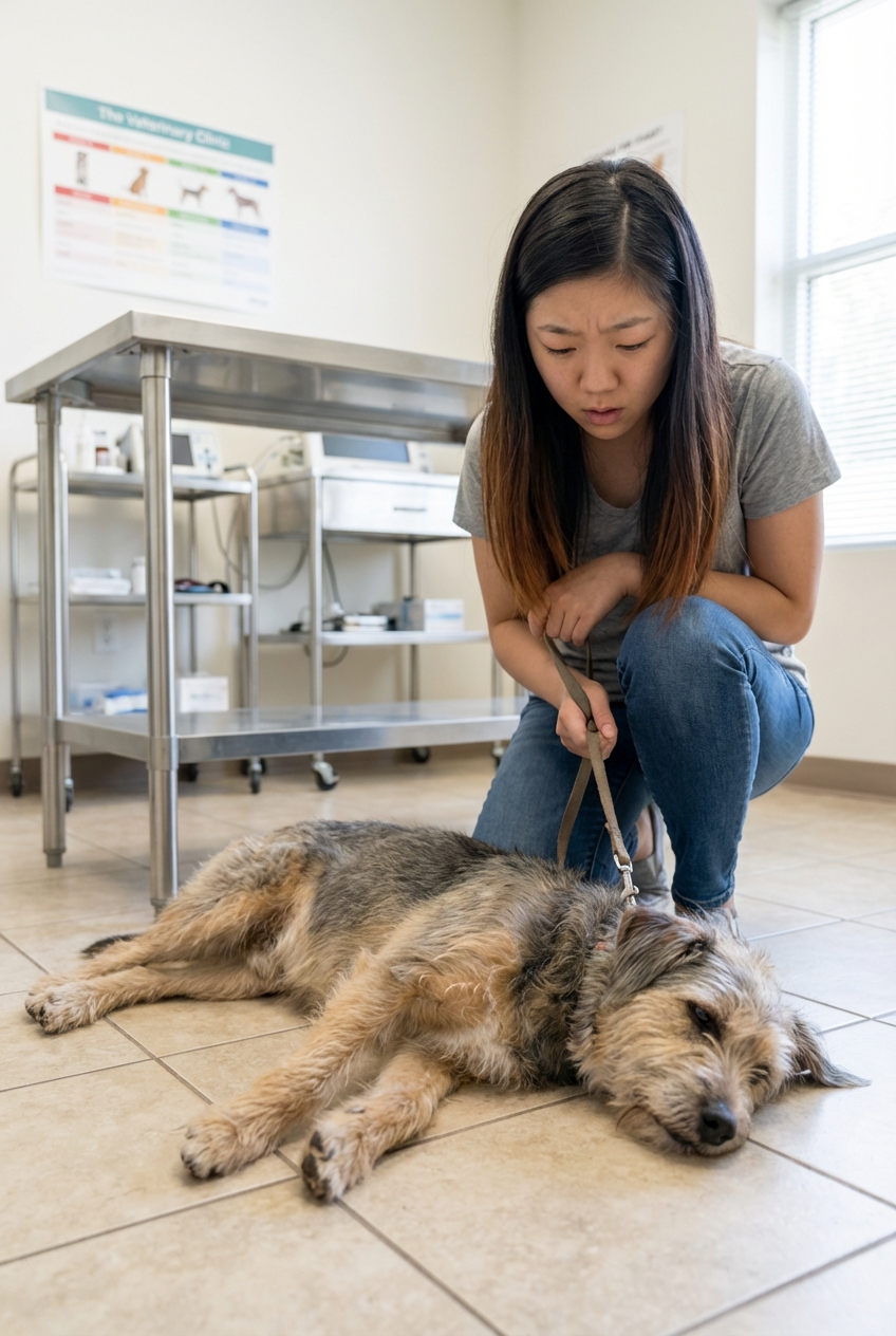 A tired dog lying on a clinic floor next to a concerned owner holding the leash