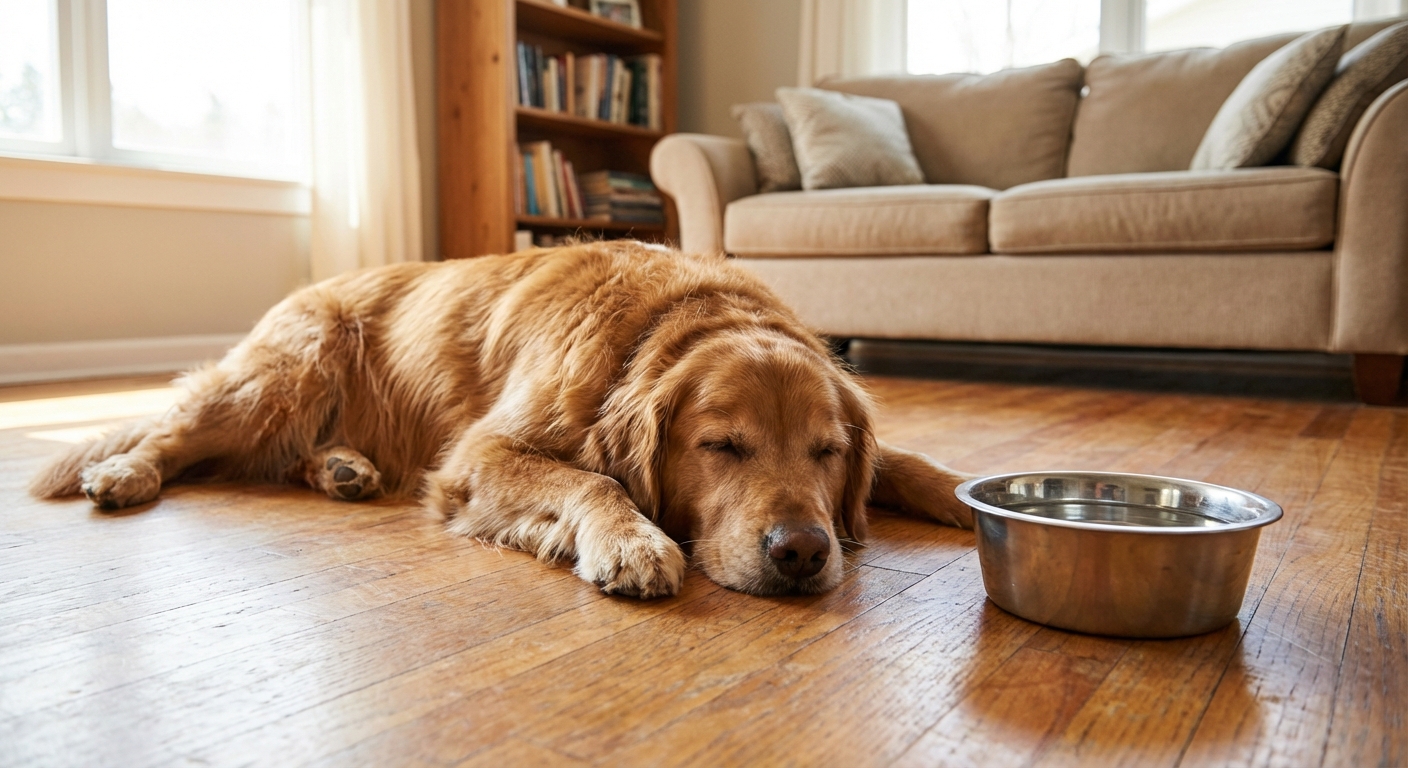 A tired dog lying on a living room floor with a water bowl nearby