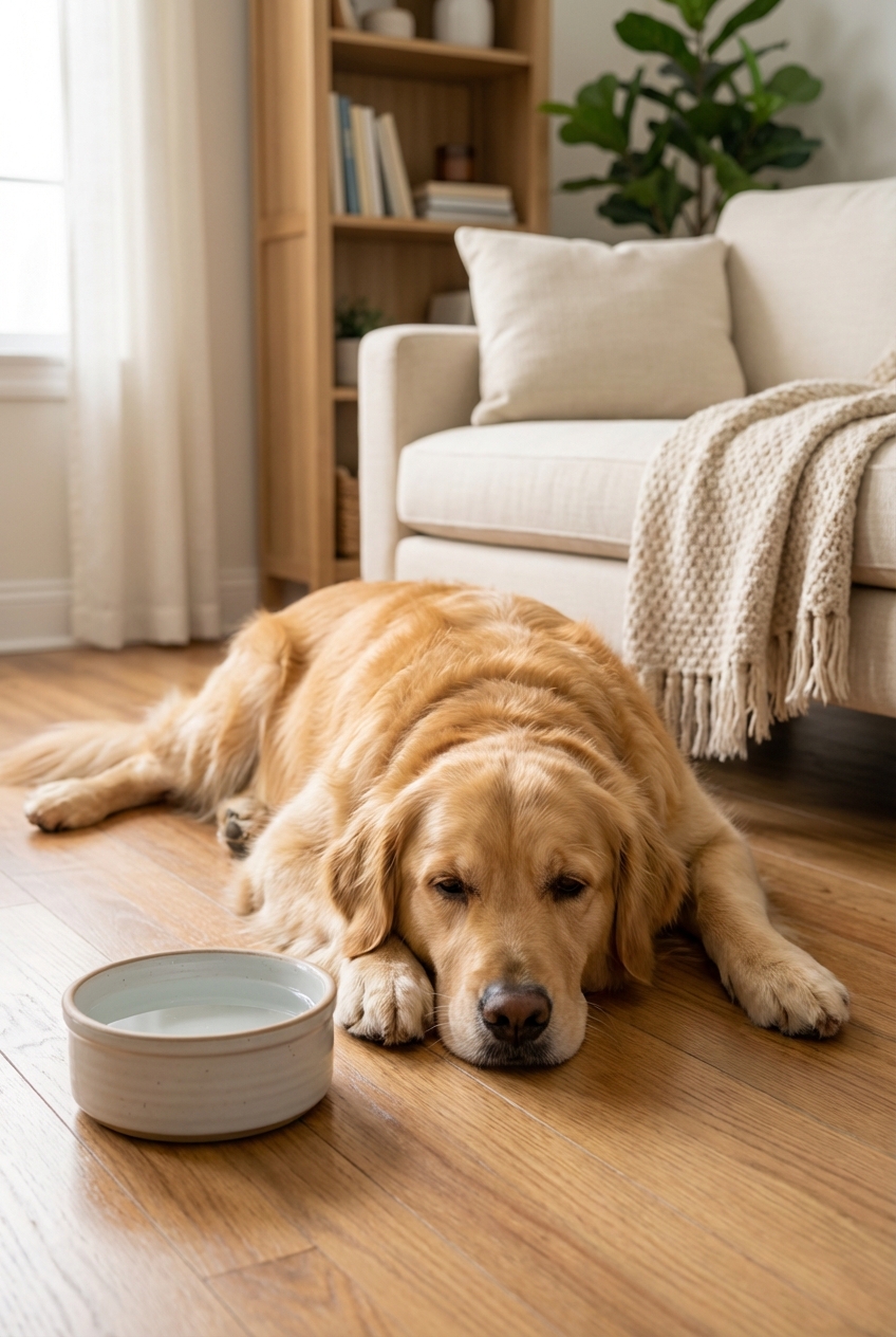 A tired dog lying on the living room floor with a water bowl nearby