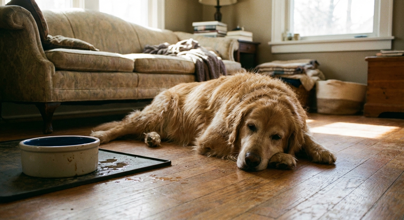 A tired dog resting on a living room floor with a water bowl nearby