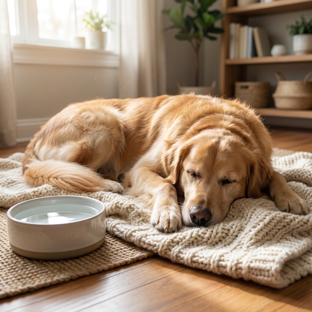 A tired dog resting on a soft blanket at home with a water bowl nearby, realistic photography