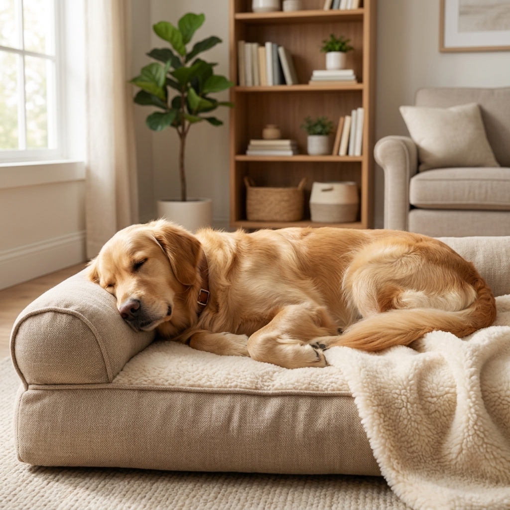 A tired dog resting on a thick padded bed in a quiet living room with a soft blanket nearby and gentle natural light