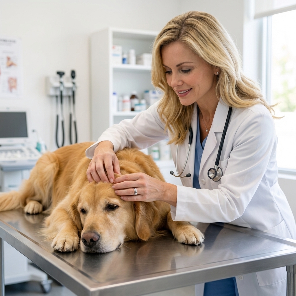 A tired-looking Golden Retriever lying on a stainless steel exam table while a veterinarian gently checks the dog’s gums in a bright clinic room, realistic photography