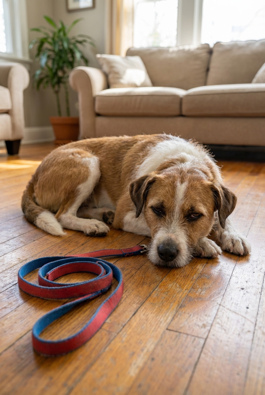 A tired-looking dog lying on a living room floor near a leash
