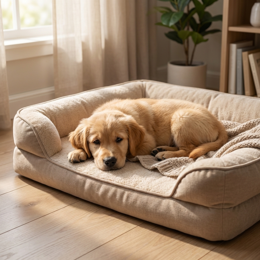 A tired-looking puppy lying on a dog bed indoors with soft natural light