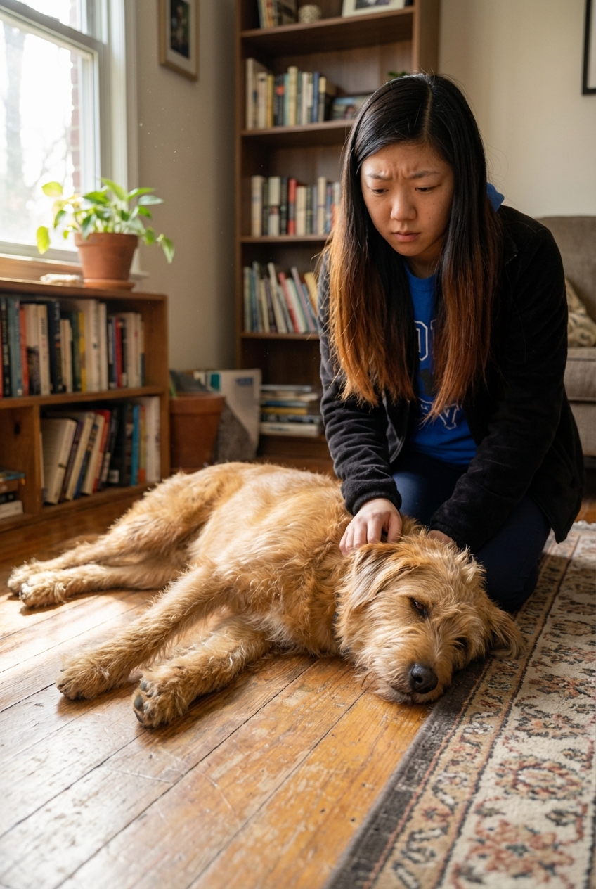 A tired medium-sized dog resting on a living room floor with a concerned owner nearby