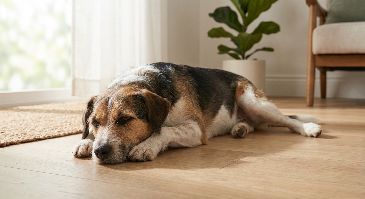 A tired mixed-breed dog lying on a living room floor with head resting on paws, soft natural window light, photorealistic