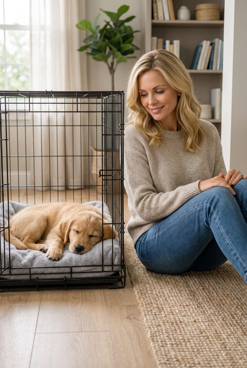 A tired puppy lying down in a crate with the door closed while a person sits calmly on the floor nearby