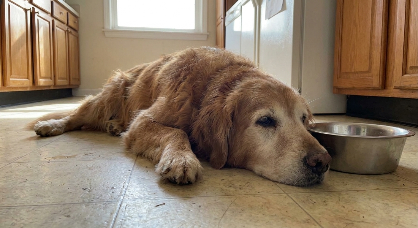 A tired senior dog lying on a kitchen floor next to a water bowl, looking uninterested and dehydrated, natural indoor light, real photography style