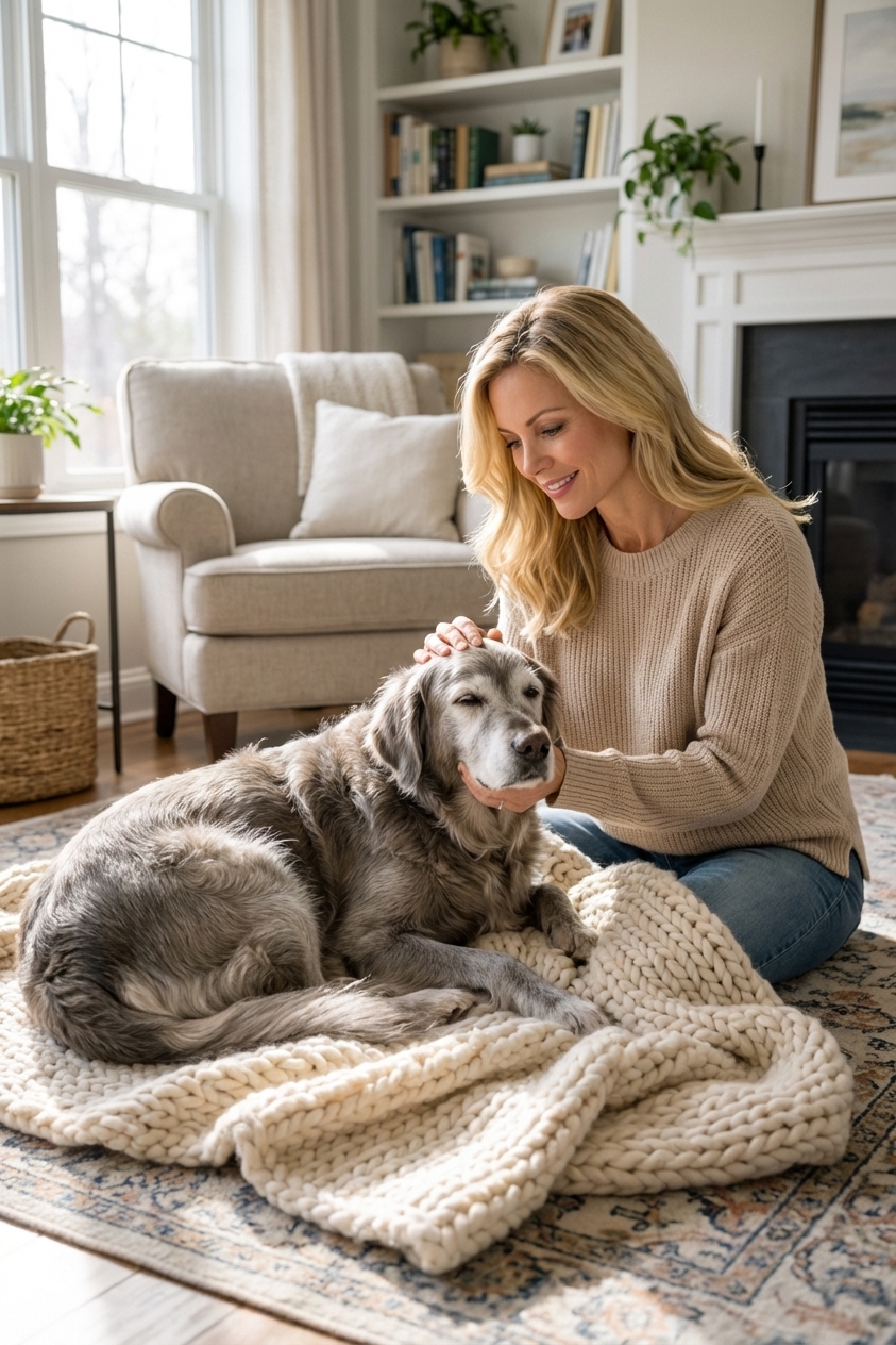 A tired senior dog resting on a soft blanket in a living room while a caring owner gently strokes the dog’s head, natural window light, photorealistic