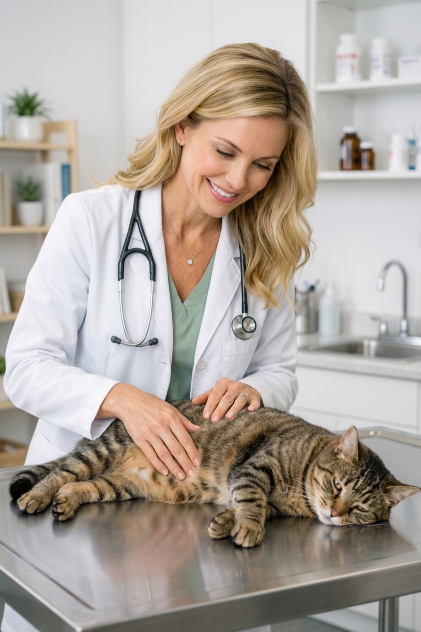 A tired tabby cat resting on an exam table while a veterinarian gently checks the abdomen