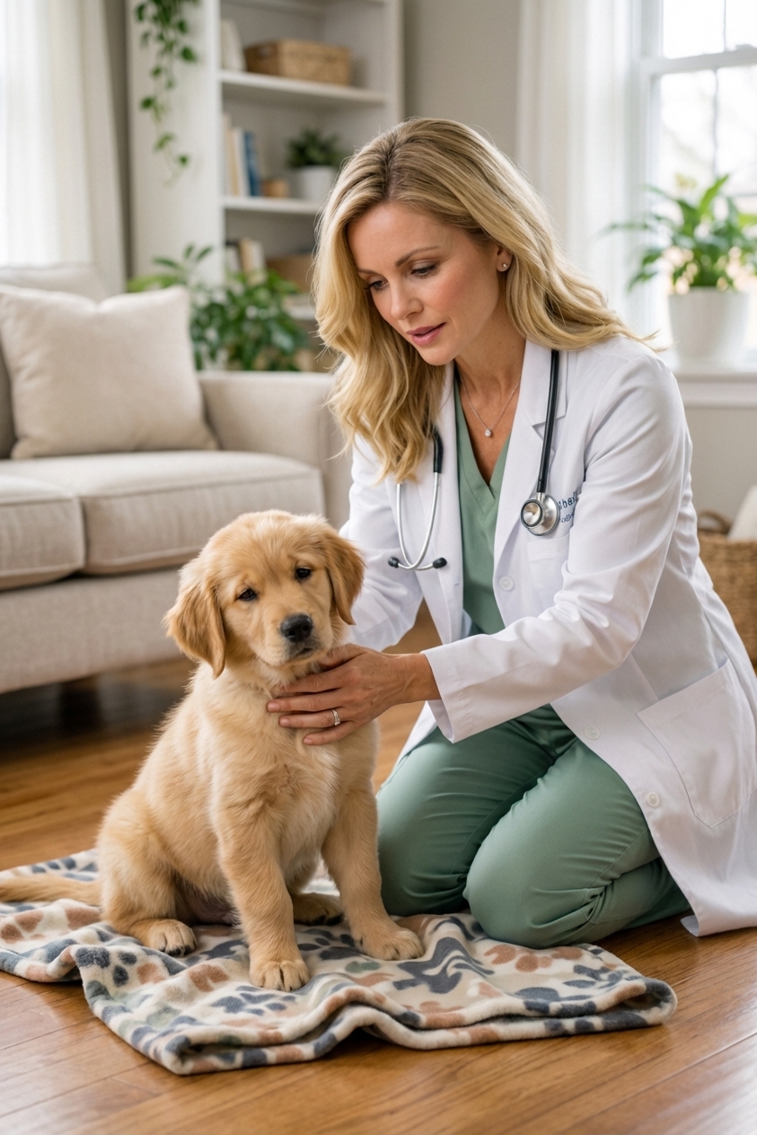 A tired young puppy sitting on a blanket at home looking disoriented while a person kneels nearby offering comfort, realistic indoor photograph