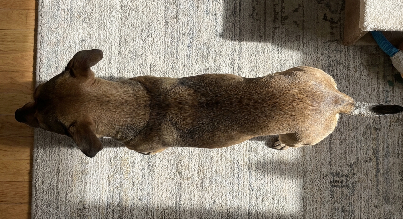 A top-down view of a small dog with a healthy waistline, illustrating ideal body condition