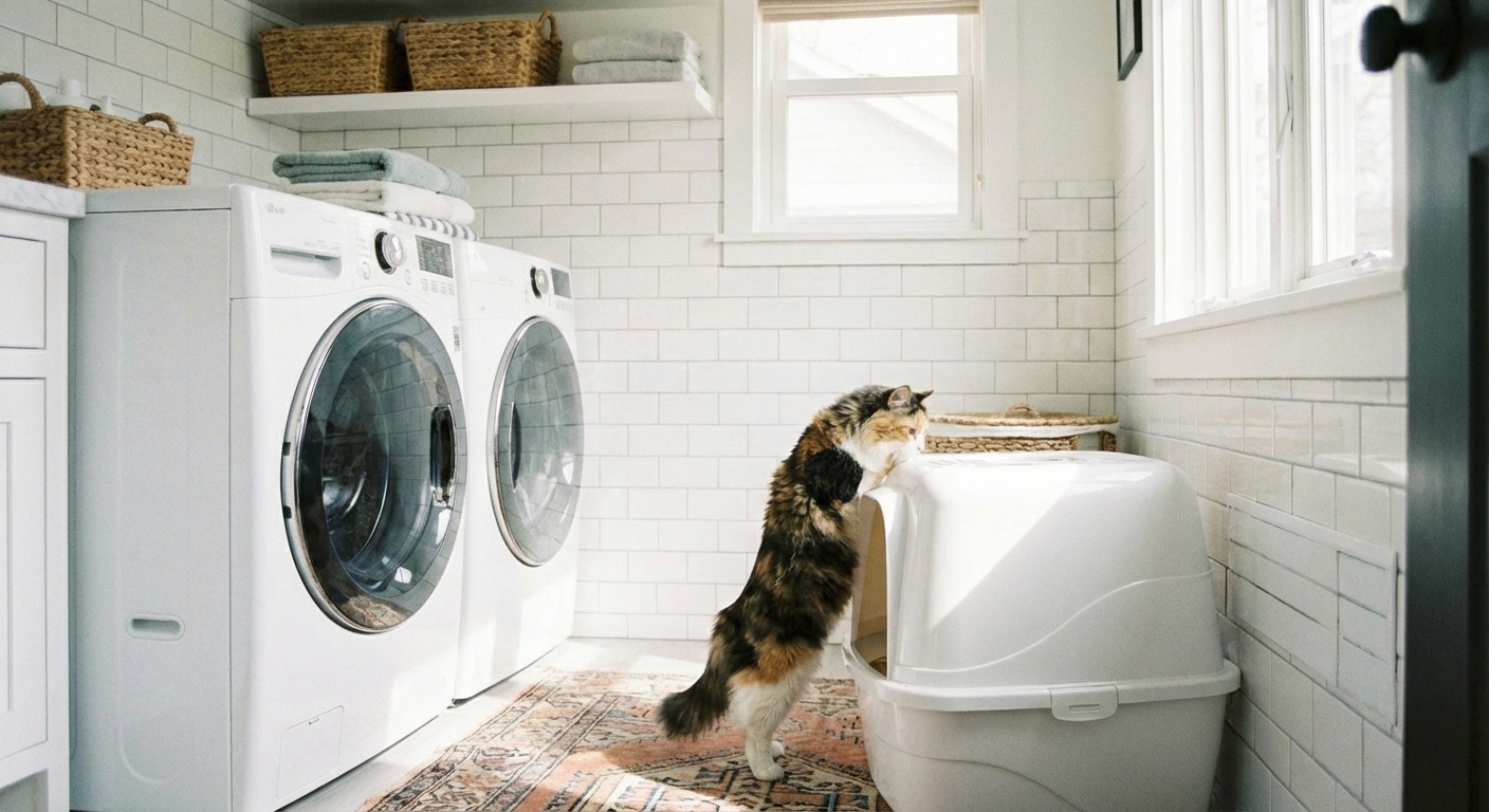 A top-entry litter box placed in a bright bathroom corner with a curious cat nearby