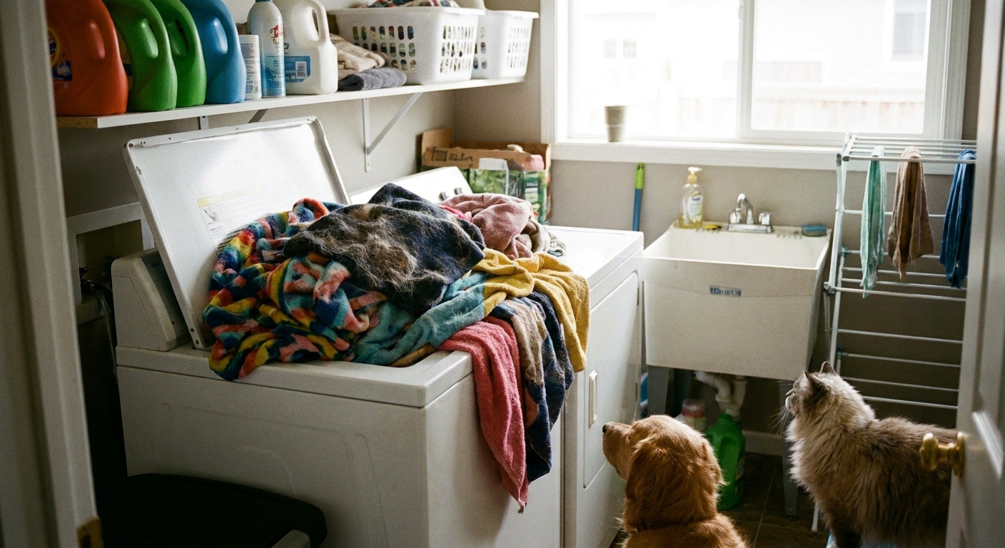 A top-loading washing machine filled with pet blankets and towels in a laundry room