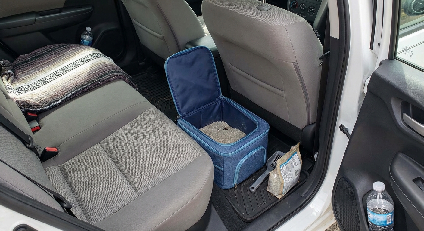 A travel litter box set on a car floor behind the front seats during a road trip stop