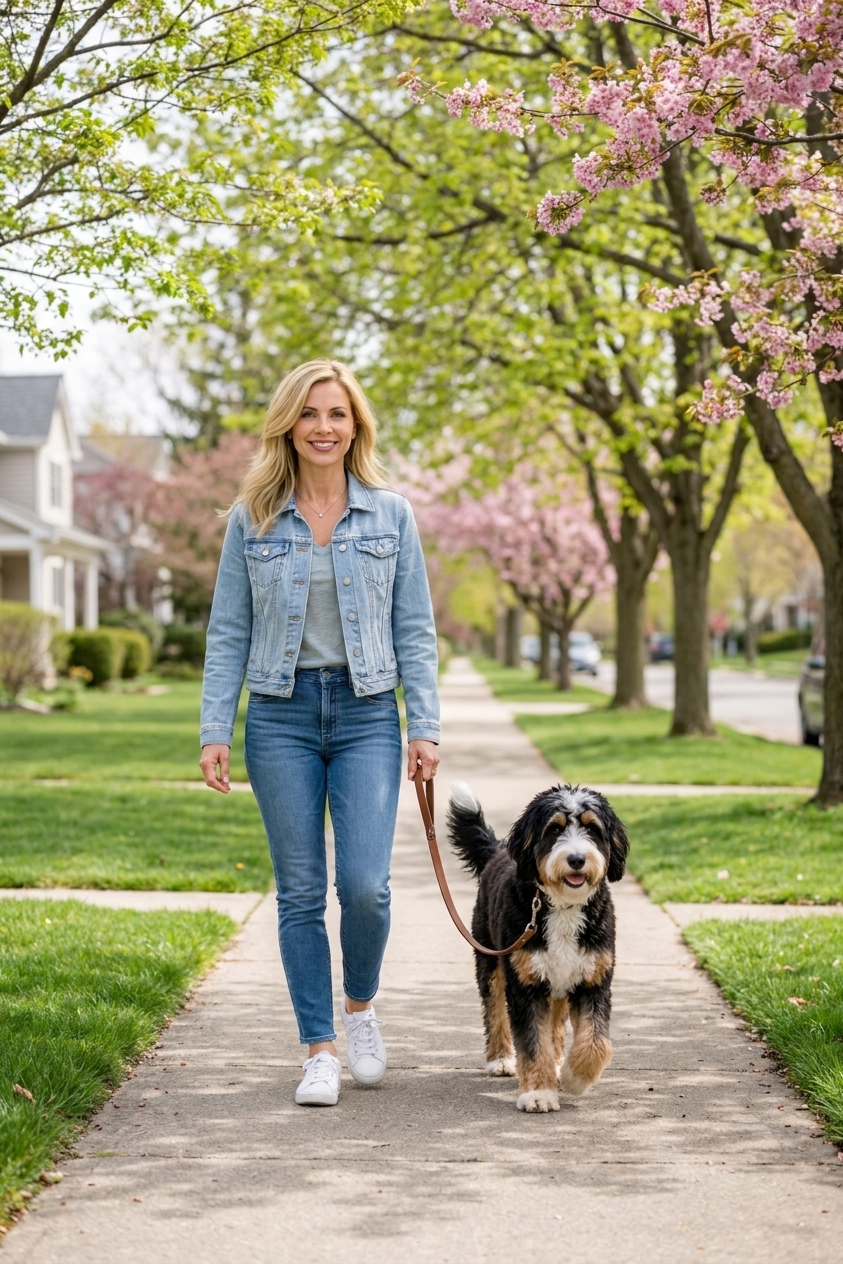 A tri-color Bernedoodle walking politely on a leash on a quiet neighborhood sidewalk with spring trees in the background, real photo style