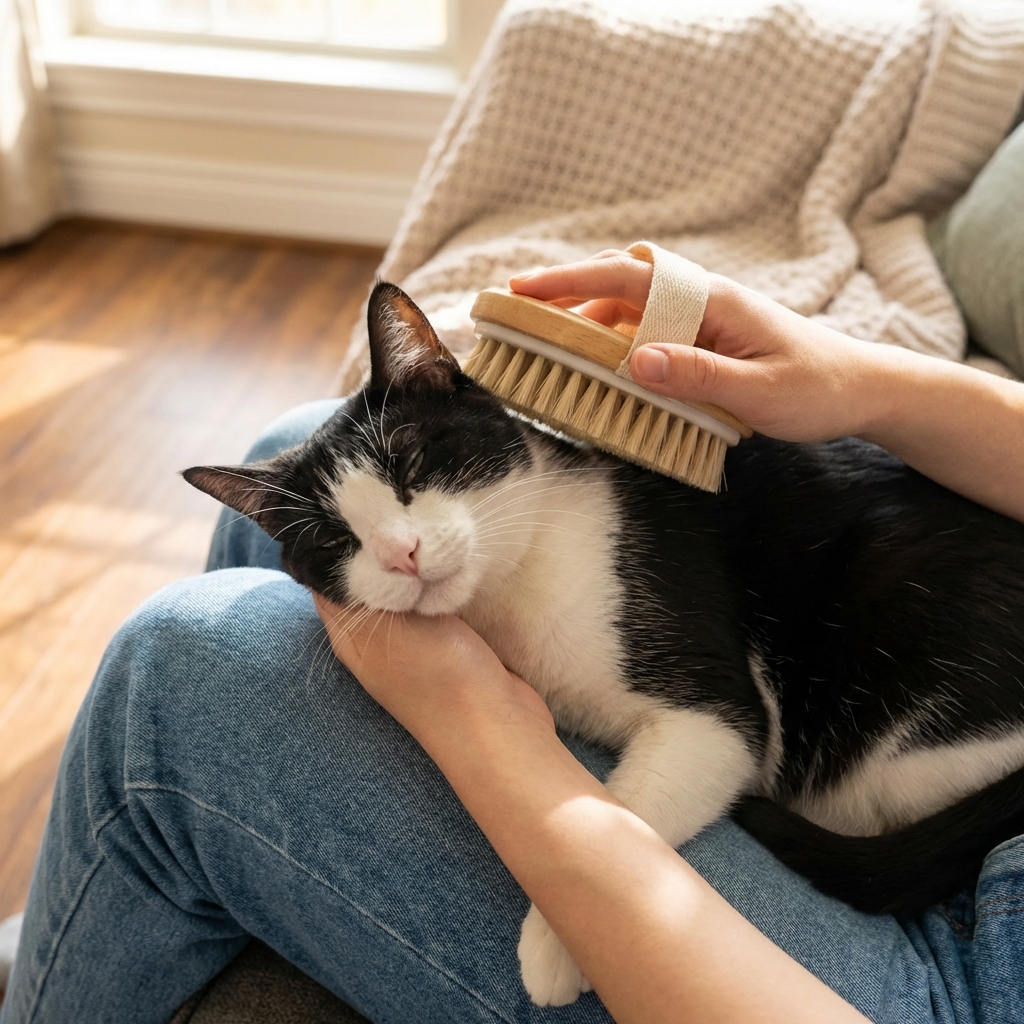 A tuxedo cat calmly being brushed with a soft grooming brush on a lap