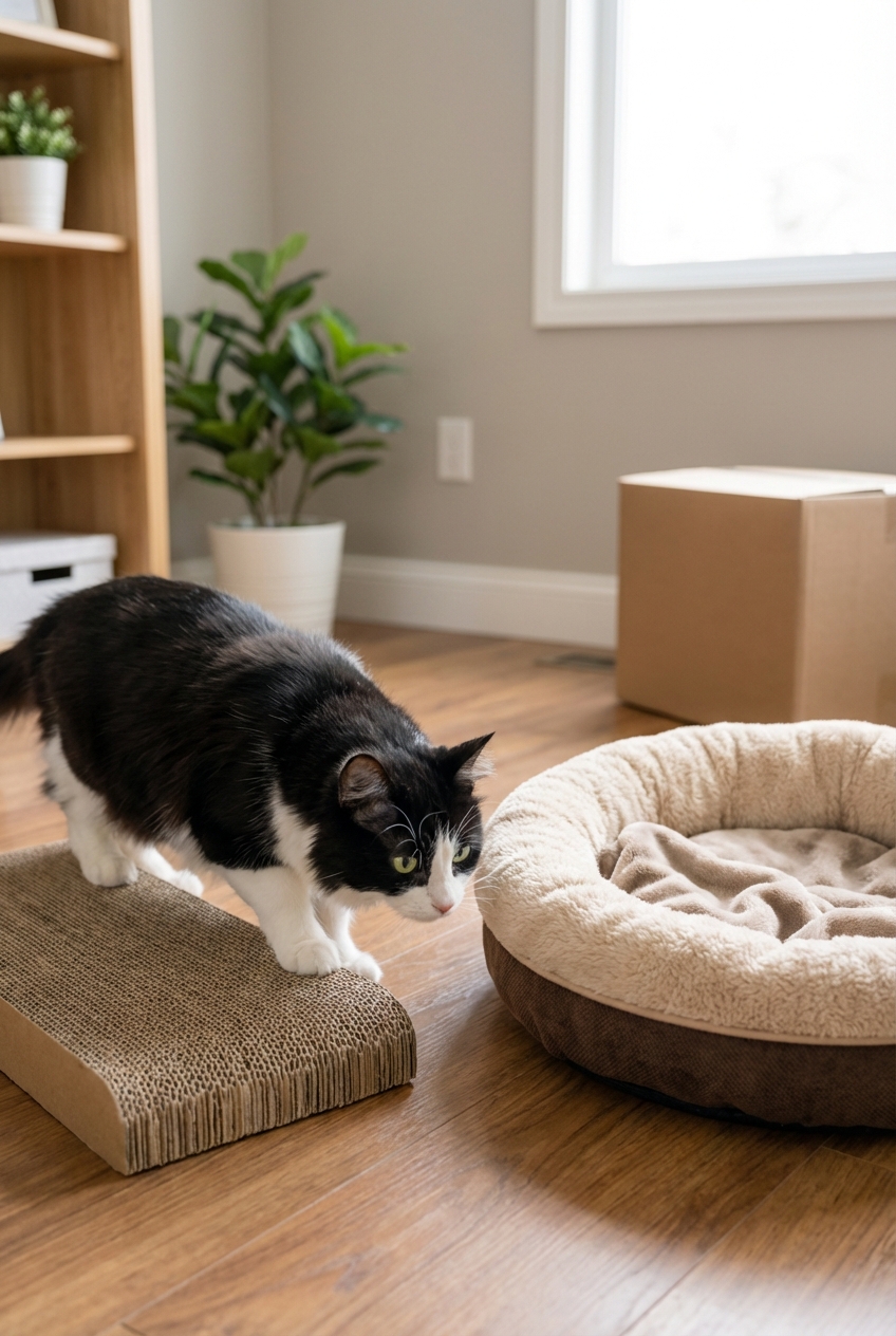 A tuxedo cat exploring a new room near a cardboard scratcher and a cat bed