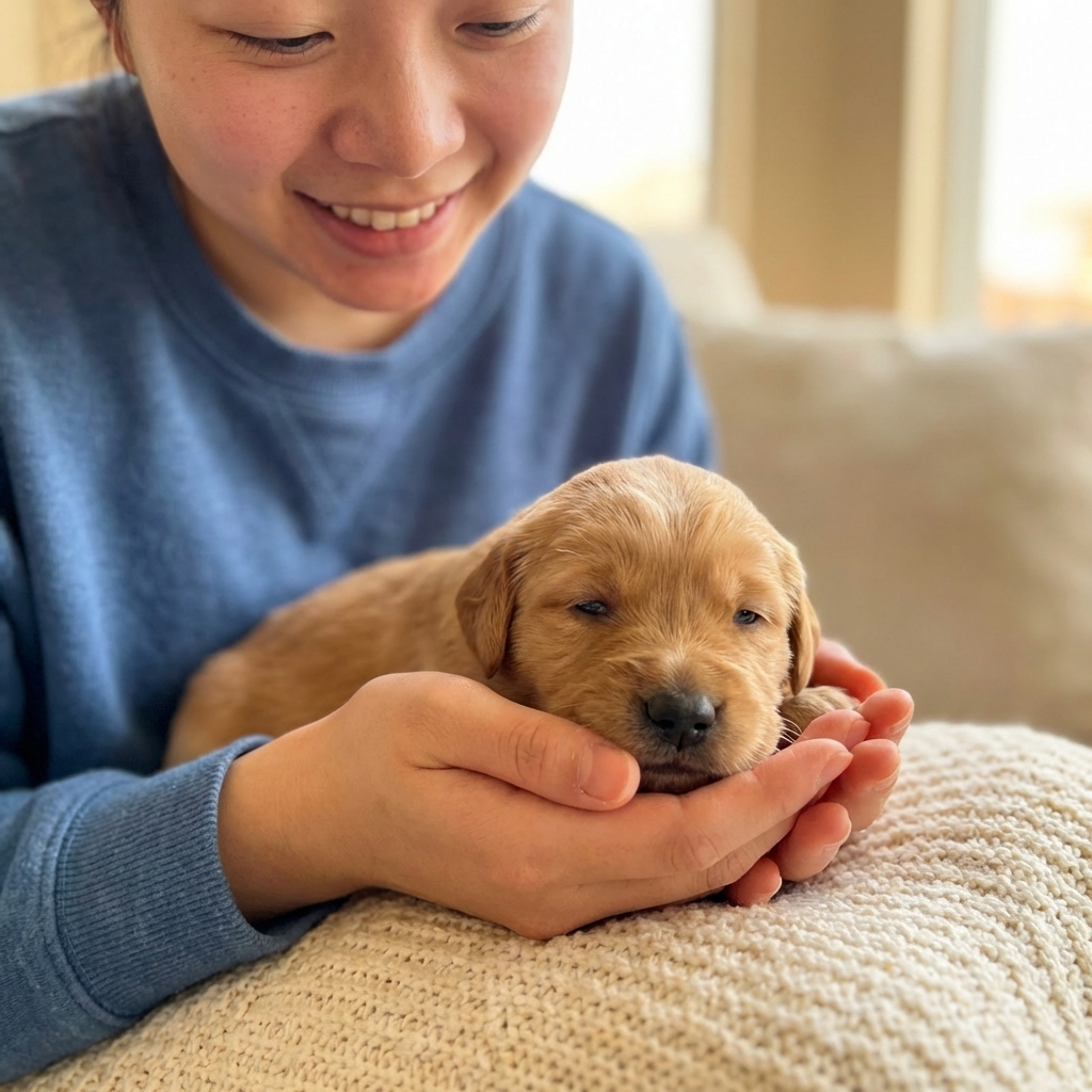 A two-week-old puppy with eyes partially open resting in a person’s warm hands on a soft blanket