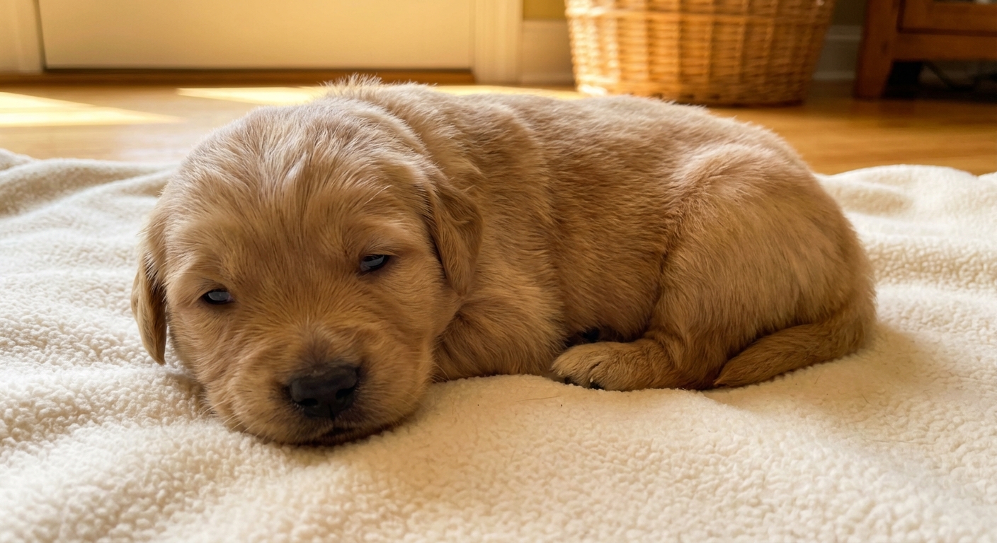 A two-week-old puppy with partially opened eyes resting on a blanket