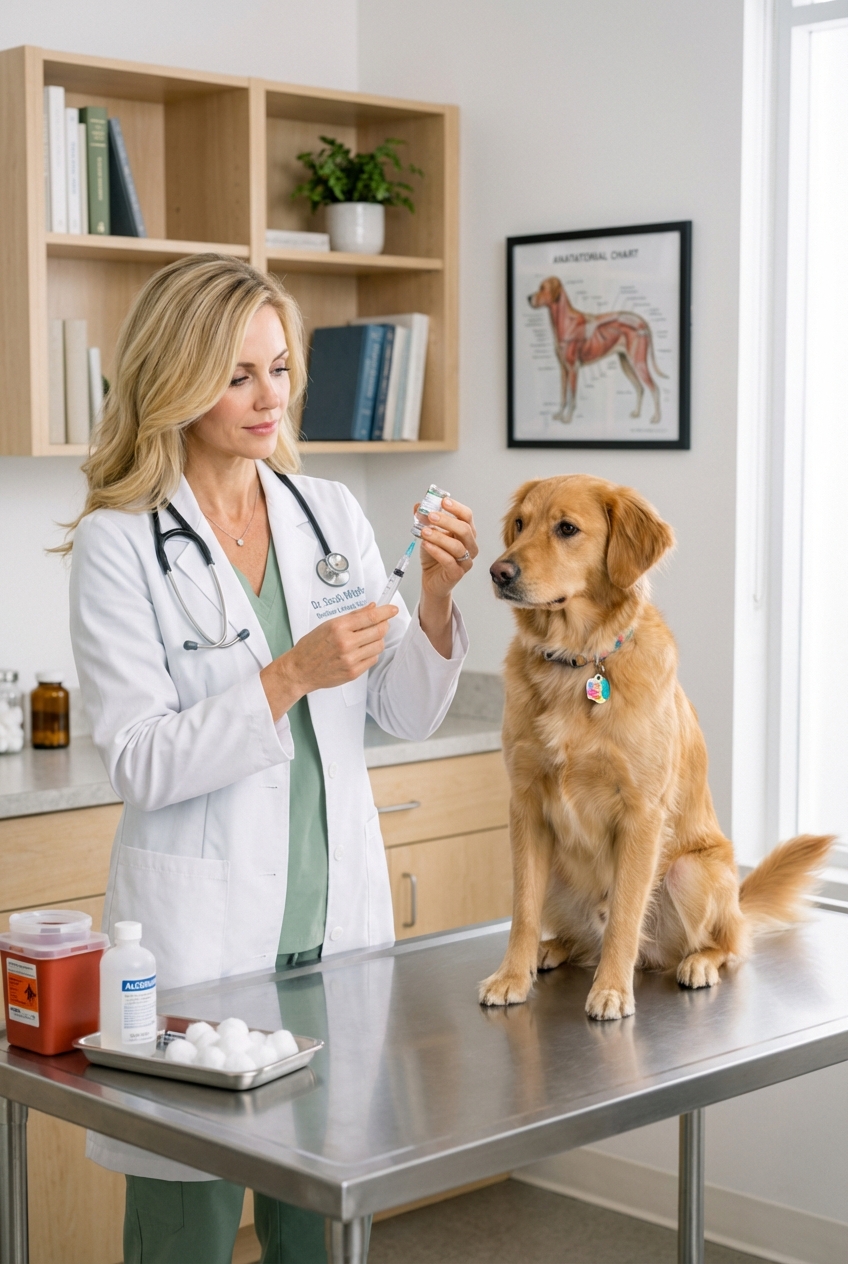 A vaccinated dog sitting calmly in a veterinary exam room while a veterinarian prepares a syringe