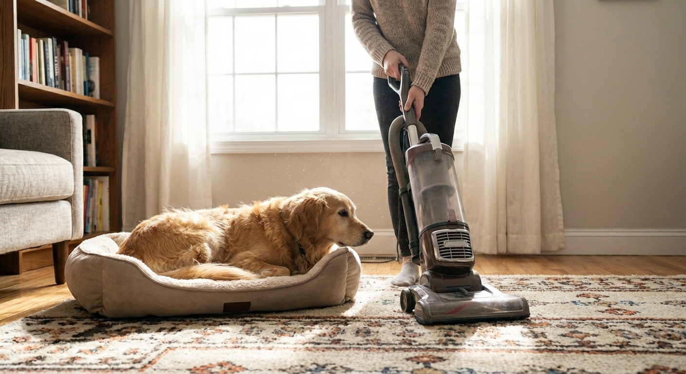 A vacuum cleaner being used on a carpet next to a dog bed in a bright living room