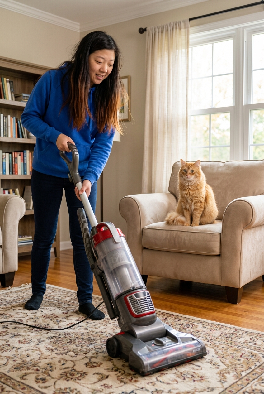 A vacuum cleaner being used on a living room rug while a cat watches from a chair