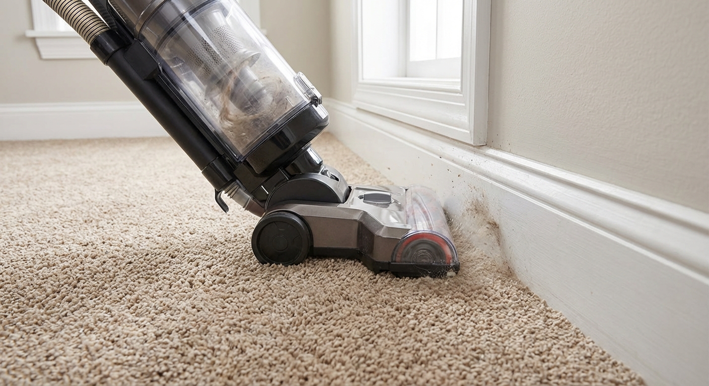 A vacuum head cleaning along a carpet edge next to a baseboard
