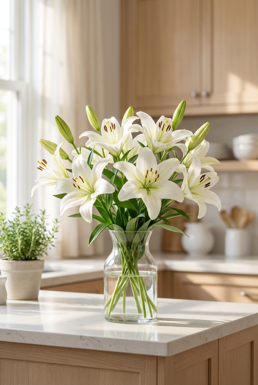 A vase of white lilies on a kitchen counter in a sunlit home