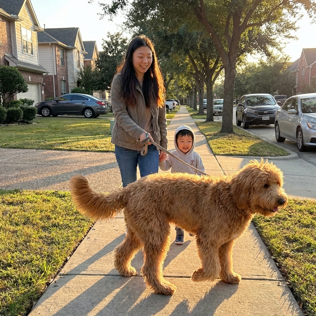 A very large doodle mix dog walking on leash beside a parent and child on a suburban sidewalk, golden hour lighting, photorealistic