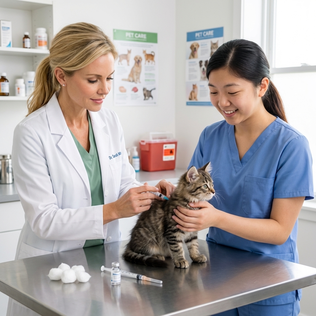A veterinarian administering a vaccine to a calm kitten while a technician gently holds the kitten on an exam table, realistic photography