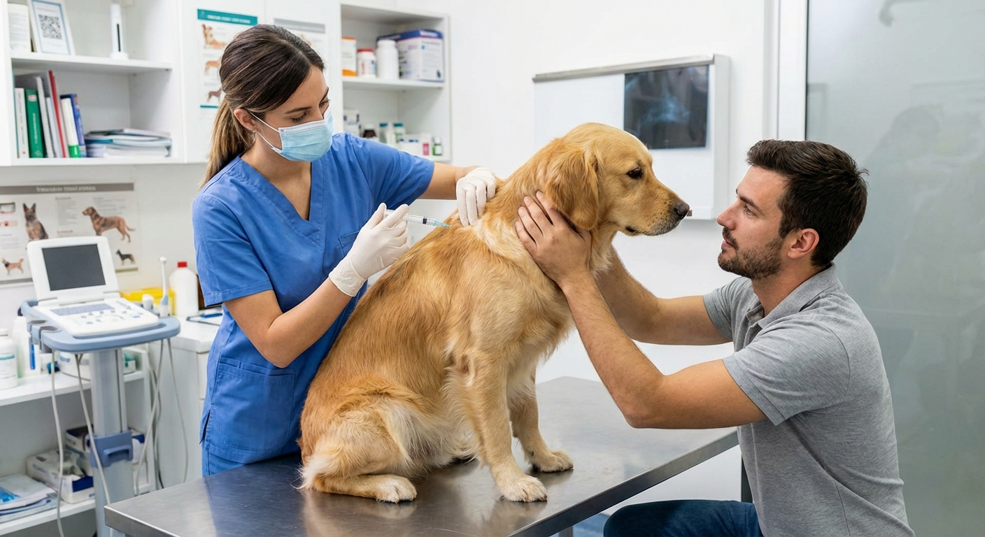 A veterinarian administering an injection to a calm dog in a veterinary exam room while an assistant gently comforts the dog, photorealistic clinical photography