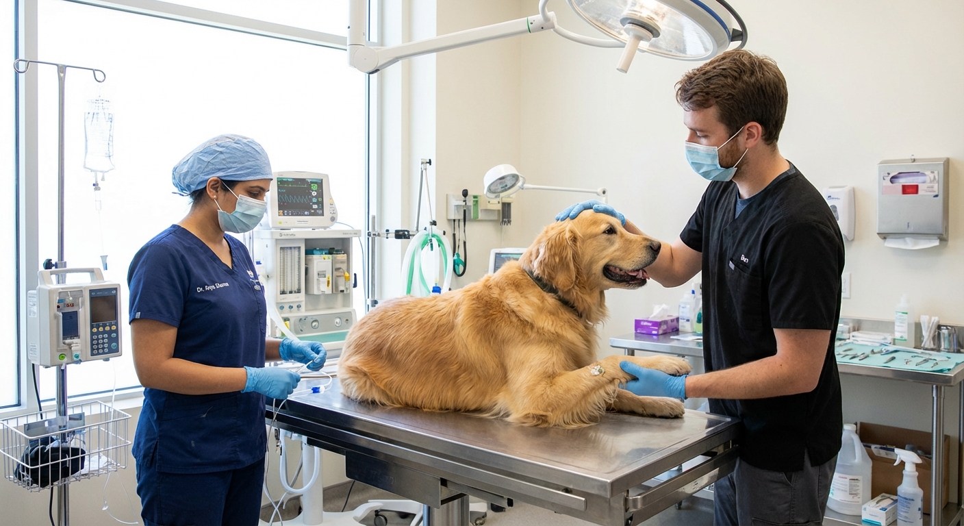 A veterinarian and technician preparing an adult dog on a clinic table in a brightly lit treatment room