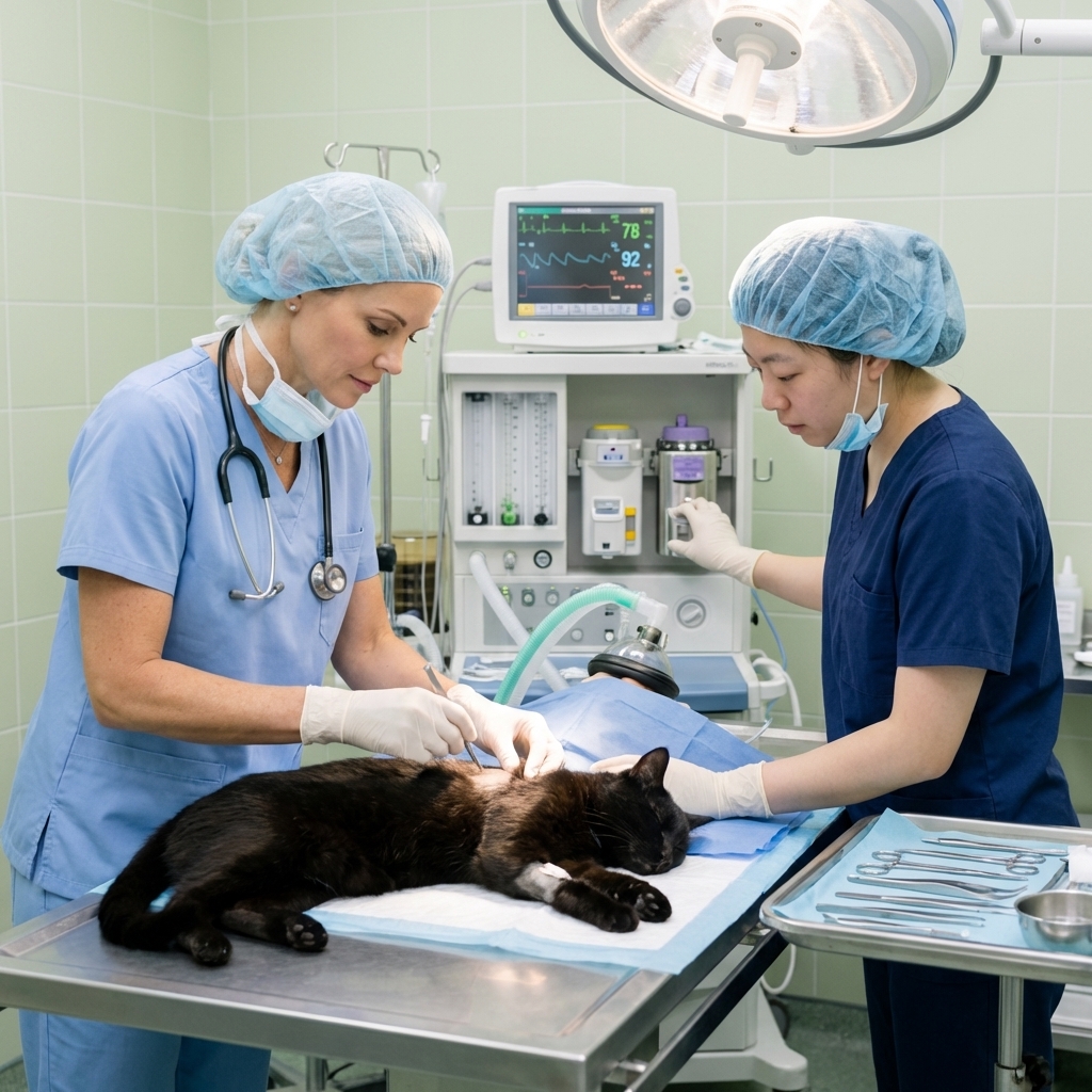 A veterinarian and veterinary technician preparing a short-haired black cat for surgery on a clean operating table with anesthesia equipment in the background, realistic clinical photo