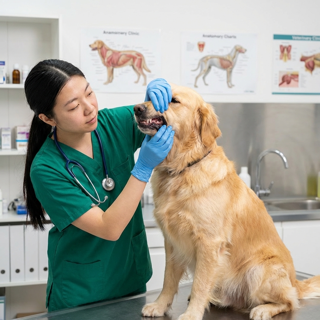 A veterinarian assistant checking a dog's gums during a calm exam room visit