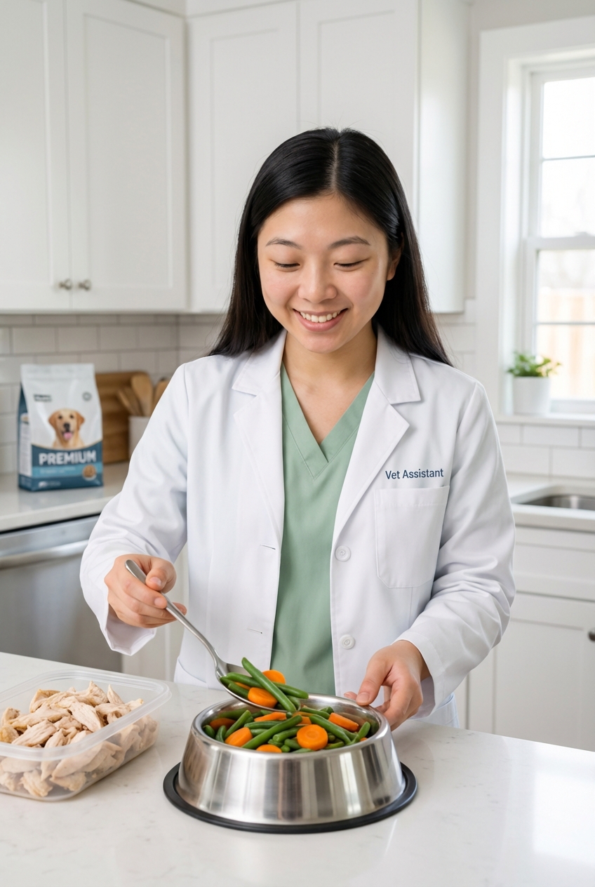 A veterinarian assistant in a clean kitchen placing steamed green beans and carrots into a dog bowl next to cooked chicken