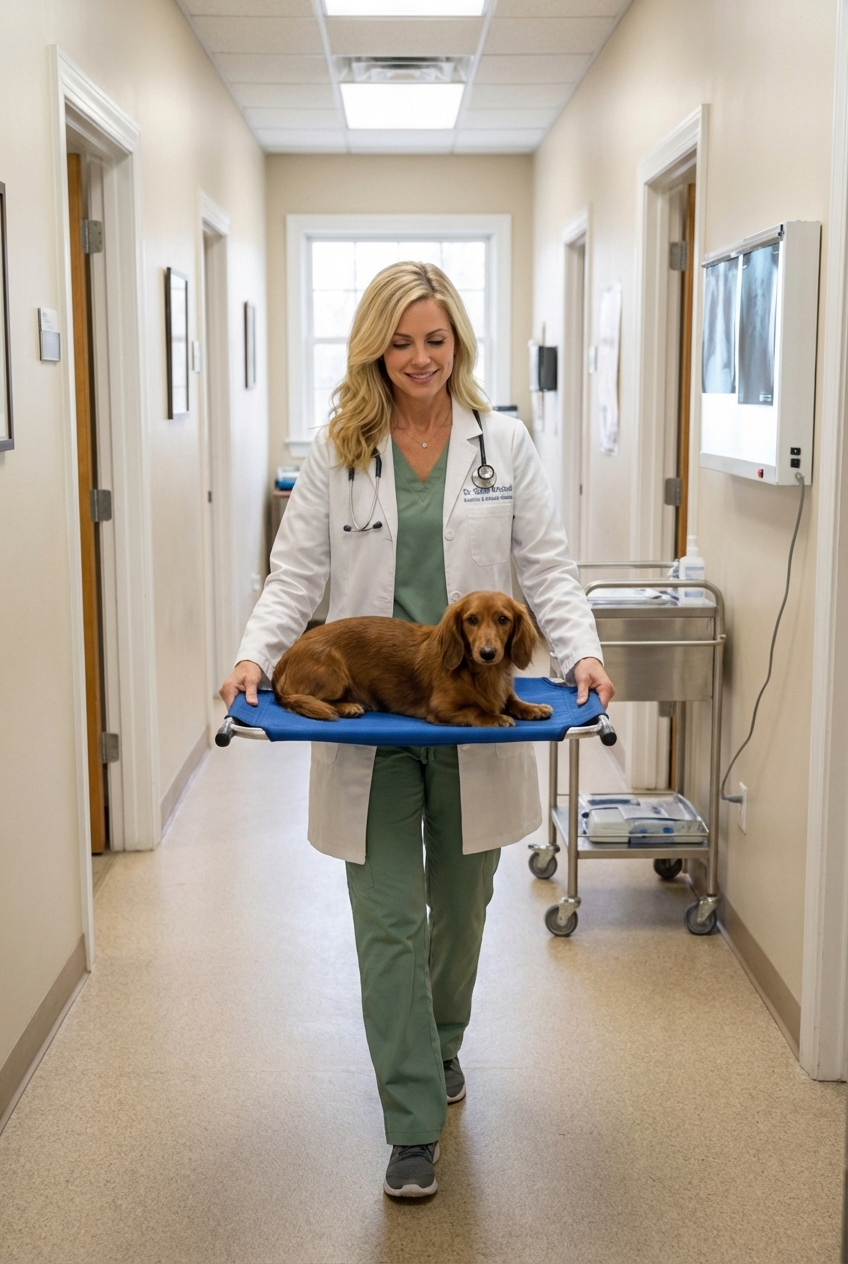 A veterinarian carrying a small dog on a stretcher into a veterinary clinic hallway