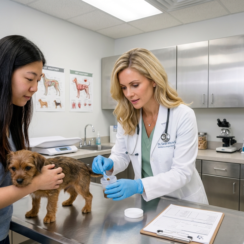 A veterinarian collecting a fresh stool sample container in a clinic exam room