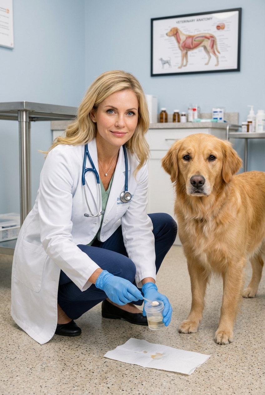 A veterinarian collecting a small stool sample container while a dog stands calmly on an exam room floor